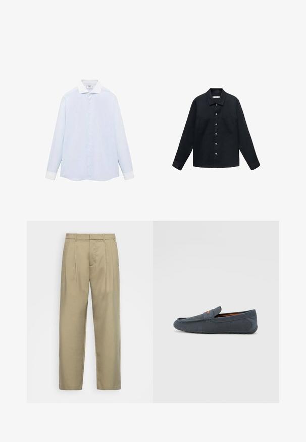 Camicia lunga a maniche di colore blu scuro, realizzata in un tessuto testurizzato, con chiusura a bottoni, colletto a punta e due tasche sul petto.; Camicia a maniche lunghe a righe blu chiaro con colletto e polsini bianchi, dotata di chiusura con bottoni sul davanti e orlo curvo. Tessuto dalla texture liscia.; Pantaloni beige a vita alta con taglio dritto, dotati di una parte frontale liscia, tasche laterali e un tessuto morbido e testurizzato.; Mocassini grigi perforati con design slip-on, caratterizzati da un accento arancione, punta arrotondata e suola in gomma testurizzata.