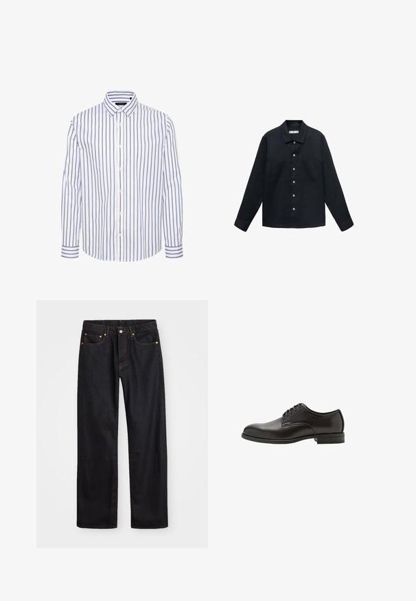 Camicia lunga a maniche di colore blu scuro, realizzata in un tessuto testurizzato, con chiusura a bottoni, colletto a punta e due tasche sul petto.; Camicia bianca con bottoni caratterizzata da strisce verticali blu e marroni, colletto aperto e polsini abbottonati con accenti a strisce abbinati.; Jeans neri in denim dritto da uomo con cinque tasche e cuciture arancioni, chiusura con bottone e zip sulla vita anteriore.; Scarpe eleganti in pelle nera con punta tondeggiante, finitura liscia e cuciture sottili. Presentano lacci, un tacco basso e una silhouette elegante.