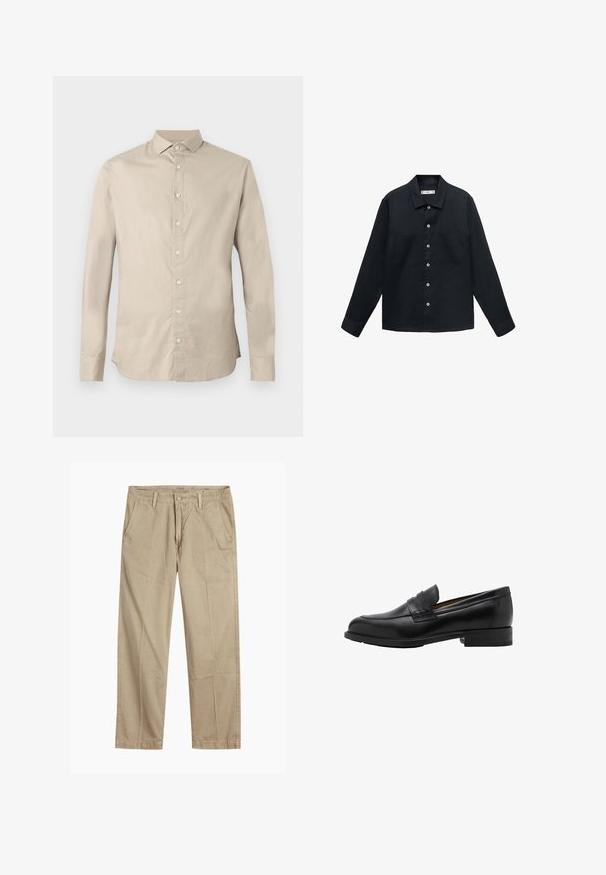Mørkeblå, langærmet skjorte lavet af tekstureret stof med knaplukning fortil, lige krave og to brystlommer.; Beige langærmet skjorte med knapper og spidse krave, seks frontknapper og skræddersyet pasform.; Beige lige ben chinos med bæltestropper, frontknap og lynlås lukning samt skrå frontlommer.; Sorte læder loafers med en syet front og flad hæl. Glat tekstur med en afrundet tå og en dekorativ rem hen over vristen.