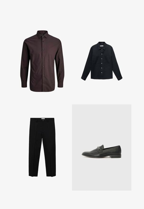 Donkerblauwe, lange mouwen shirt van gestructureerde stof met een knoopsluiting aan de voorkant, rechte kraag en twee borstzakken.; Donkerbruin overhemd met lange mouwen, voorzien van een puntkraag, knoopsluiting en een subtiele textuur. Getailleerde pasvorm met standaard manchetten.; Zwarte op maat gemaakte broek met een rechte pasvorm, voorzien van een enkele knoopsluiting, ceintuurlussen en voorzijden plooien. Gemaakt van een gladde stof.; Zwarte leren instapper met een gladde afwerking, voorzien van een gestikt ontwerp en een decoratieve metalen kettingaccent over de wreef. Platte hak.