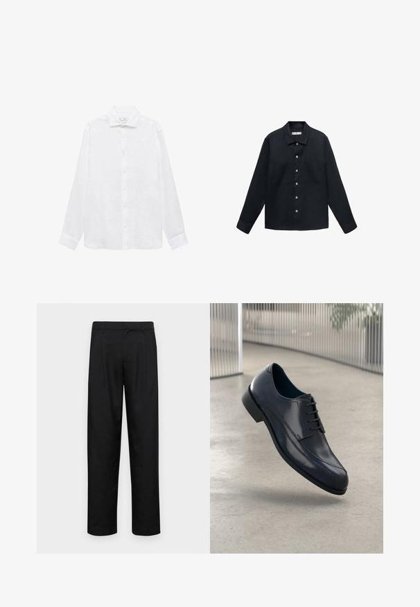 Tmavomodrá, dlhá košeľa s dlhým rukávom vyrobená z textúrovanej látky s gombíkovou prednou časťou, rovnými golierom a dvoma náprsnými vreckami.; Biela košeľa s dlhým rukávom, vyrobená z ľahkej textílie. Obsahuje klasický golier, predné zapínanie na gombíky a manžety so zaoblenými hranami.; Čierne nohavice vyrobené z hladkej tkaniny, s rovnými nohavicami, dvoma prednými skladmi a štandardným pásom s pútkami na opasok.; Lesklá čierna kožená obuv na šnurovanie, ktorá sa vznáša nad hladkým, svetlošedým podlahou a vertikálnymi kovovými tyčami v pozadí.