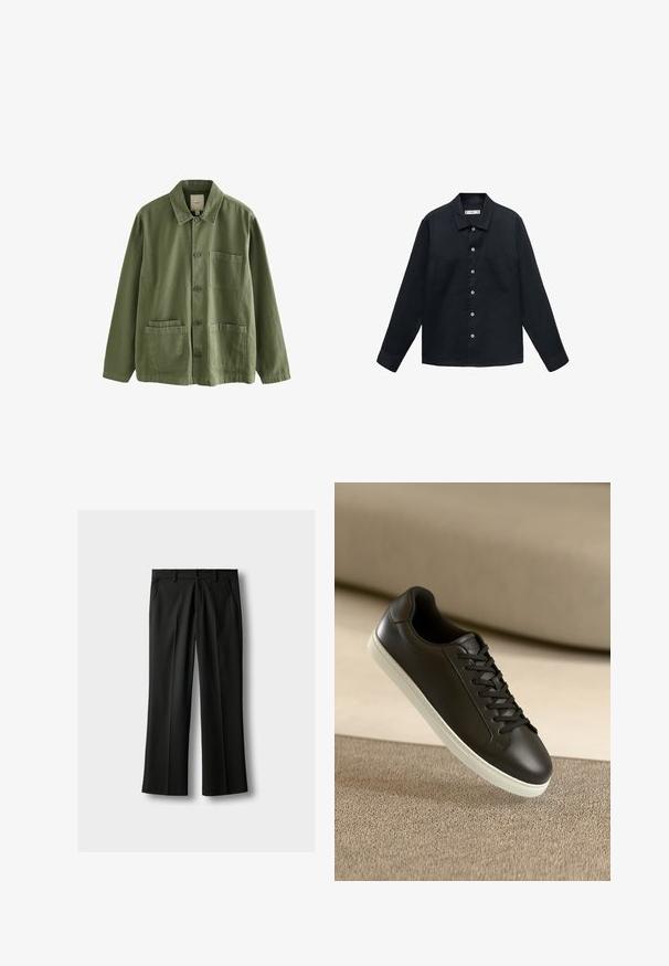 Camisa de manga larga azul oscuro, hecha de tela texturada, con botones en la parte delantera, cuello recto y dos bolsillos en el pecho.; Chaqueta verde oliva de algodón con cierre de botones, cuello de punta y cuatro bolsillos. Presenta un corte relajado y una textura suave.; Pantalones formales negros de pierna recta con pliegues frontales, bolsillos laterales, trabillas para cinturón y cierre de botón en la cintura.; Zapatilla de cuero negra con suela de goma blanca y cordones negros, posicionada sobre una superficie y fondo de tela beige.