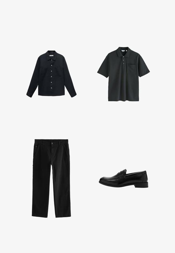 Mørkeblå, langærmet skjorte lavet af tekstureret stof med knaplukning fortil, lige krave og to brystlommer.; Sort polo shirt lavet af bomuld, med krave, tre knaplukninger, korte ærmer og en brystlomme.; Sorte bomuldsbukser med lige ben-design, der har en frontknaplukning, skrå sidelommer og subtile sydetaljer.; Sort læderloafer med rund tå, plisseret frontdetalje, teksturerede accenter og en lav hæl, sat mod en ensfarvet baggrund.
