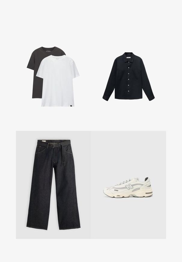 Donkerblauwe, lange mouwen shirt van gestructureerde stof met een knoopsluiting aan de voorkant, rechte kraag en twee borstzakken.; Twee reguliere T-shirts: één zwart en één wit, gemaakt van zachte katoen. Elk shirt heeft een ronde hals en korte mouwen zonder patronen.; Donker denim wijde broek met een gestrikt taille, voorzien van zijzakken en contrasterende stiksels. Gladde textuur met een strak ontwerp.; Witte sneakers met mesh en synthetische overlays, met een prominente N-logo, grijze accenten en een dikke rubberen zool. Model 1000.