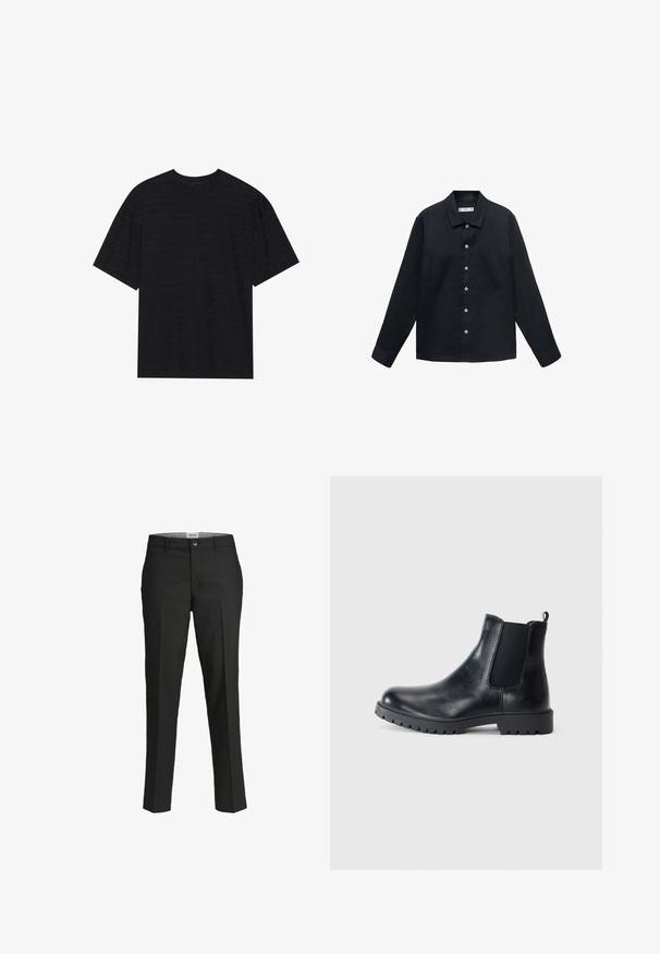 Tmavomodrá, dlhá košeľa s dlhým rukávom vyrobená z textúrovanej látky s gombíkovou prednou časťou, rovnými golierom a dvoma náprsnými vreckami.; Čierne tričko s krátkym rukávom so jemnou pruhovanou textúrou, uvoľnený strih a okrúhly výstrih. Mäkkučký materiál bez viditeľných log. ; Čierne nohavice, strih na mieru, hladká tkanina, stredne vysoký pás, predné zapínanie na gombík, diagonálne vrecká a plisovanie pozdĺž nohavíc.; Čierne kožené Chelsea čižmy majú elastické bočné panely, zaoblenú špičku a gumenú trakčnú podrážku. Minimalistický dizajn so slučkou na ťahanie.