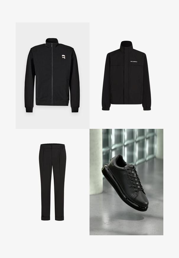 Crna jakna s visokim ovratnikom, elastičnim manžetama i dva prednja džepa. Sadrži logo na gornjoj lijevoj strani u bijeloj boji. Glatka, vodootporna tkanina.; Crna zip-up dukserica od mješavine pamuka, sa stojećim ovratnikom i rebrastim rukavima, s malim logotipom crtića na lijevoj strani grudi.; Crna pamučna majica s kratkim rukavima, okruglim izrezom i malim bijelim grafičkim srcem na lijevoj strani prsnog dijela.; Crne hlače s elastičnom trakom u struku, s ravnim krojem i zavrnutim rubovima. Napravljene od glatkog, tkanog materijala bez uzoraka.; Crne kožne tenisice s vezanjem, imaju udoban potplat i reflektirajuće detalje. Cipele lebde iznad glatke površine.