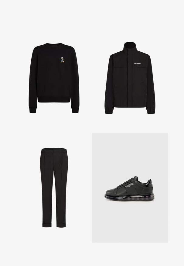 Čierna bunda s vysokým golierom, elastickými manžetami a dvoma prednými vreckami. Na hornej ľavej strane sa nachádza logo v bielej farbe. Hladká, vodeodolná tkanina.; Čierna mikina s okrúhlym výstrihom, dlhými rukávmi, rebrovanými manžetami a lemom; obsahuje malú vyšitú postavičku na ľavej hrudi.; Čierne nohavice s elastickým pásom, s rovnými nohavicami a prehnutými manžetami. Vyrobené z hladkej tkaniny bez vzorov.; Čierne tenisky s hladkým koženým vrchom, zaoblenou špičkou a dizajnom na šnurovanie. Sú vybavené priehľadnou, polstrovanou podrážkou s tmavým gradientom.