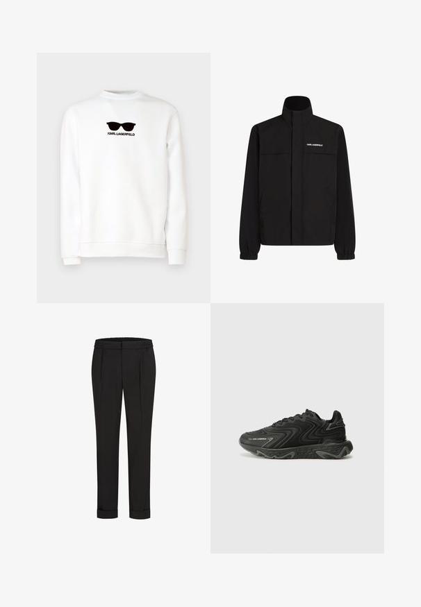 Fekete dzseki magas gallérral, elasztikus mandzsettákkal és két elülső zsebbel. Fehér logó található a bal felső oldalon. Simább, vízálló anyag.; KARL LAGERFELD CREWNECK - Melegítőfelső - white; Fekete nadrág, elasztikus derékpánttal, egyenes szárú kivitelben és felhajtott szárakkal. Simább, szőtt anyagból készült, minták nélkül.; Fekete sneakers wavy textúrával és szürke díszítésekkel. Fűzős kialakítással és vastag, formázott talppal rendelkezik. A márkázás oldalán látható.