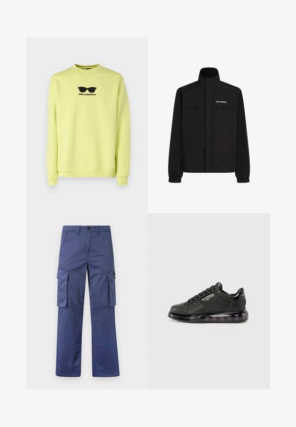 Fekete dzseki magas gallérral, elasztikus mandzsettákkal és két elülső zsebbel. Fehér logó található a bal felső oldalon. Simább, vízálló anyag.; KARL LAGERFELD CREWNECK - Melegítőfelső - lemon; Tengerészeti cargo nadrág tartós anyagból, oldalsó zsebekkel, egyenes szabású dizájnnal és gombos derékkal.; Fekete sportcipő sima bőr felsőrésszel, kerek orral és fűzős dizájnnal. Átlátszó, párnázott talppal rendelkezik, sötét árnyalatú átmenettel.