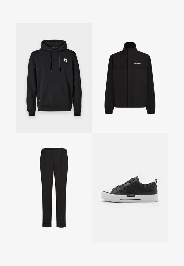 Juodas švarkas su aukštu apykakle, elastingais rankogaliais ir dviem priekinėmis kišenėmis. Viršutinėje kairėje pusėje yra baltas logotipas. Lygus, vandeniui atsparus audinys.; Juodas gobtuvas su priekinėmis kišenėmis, raišteliu ir logotipo detale kairėje krūtinės pusėje. Pagamintas iš minkštos medžiagos su raukiniais ant rankovių ir apykaklės.; Juodi kelnių su elastinga juosmena, tiesaus kirpimo ir sukurtomis rankovėmis. Pagaminti iš lygaus, audinio be raštų.; Juodas žemas sportinis batelis su raštuota kanapių viršumi, baltu guminiu nosies dangteliu, tekstūruotu padu ir logotipo akcentu šone. Metaliniai aklai raištams.