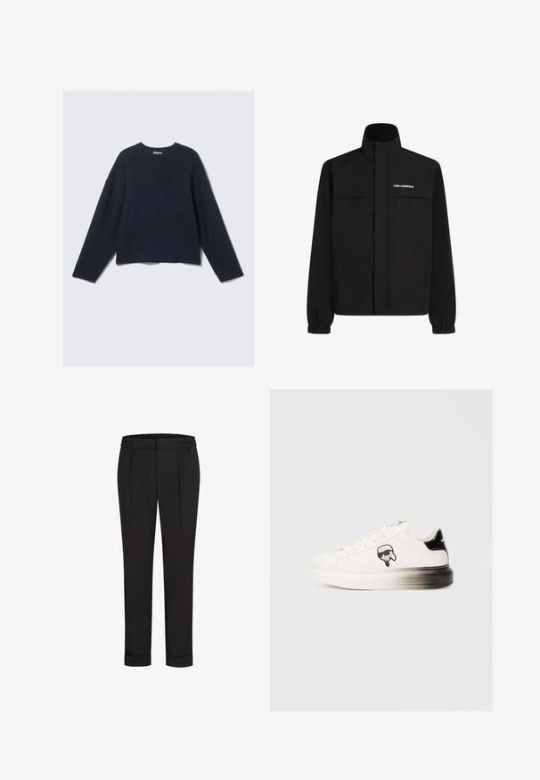 Giacca nera con colletto alto, polsini elasticizzati e due tasche frontali. Presenta il logo sul lato superiore sinistro in bianco. Tessuto liscio e resistente all'acqua.; Maglione a maglia blu navy a maniche lunghe con scollo rotondo e spalle leggermente scese su uno sfondo chiaro e semplice.; Pantaloni neri con una vita elastica, caratterizzati da un design a gamba dritta e orli arrotolati. Realizzati in tessuto liscio e tessuto senza motivi.; Sneaker bianca con tomaia in pelle liscia, dettagli neri sul tallone e un logo in stile cartone animato. Presenta una suola spessa e leggermente trasparente.