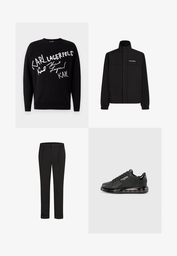 Schwarze Jacke mit hohem Kragen, elastischen Bündchen und zwei Fronttaschen. Mit Logo auf der oberen linken Seite in Weiß. Glattes, wasserabweisendes Material.; Schwarzer Pullover mit weiß gesticktem Text "KARL LAGERFELD" und einem Signaturdesign. Einfacher Rundhalsausschnitt und lange Ärmel.; Schwarze Hose mit Gummibund, gerade geschnitten und mit umgeschlagenen Säumen. Hergestellt aus glattem, gewebtem Stoff ohne Muster.; Schwarzer Sneaker mit glattem Lederobermaterial, rundem Zehenbereich und Schnürdesign. Ausgestattet mit einer klaren, gepolsterten Sohle mit einem dunklen Verlauf.