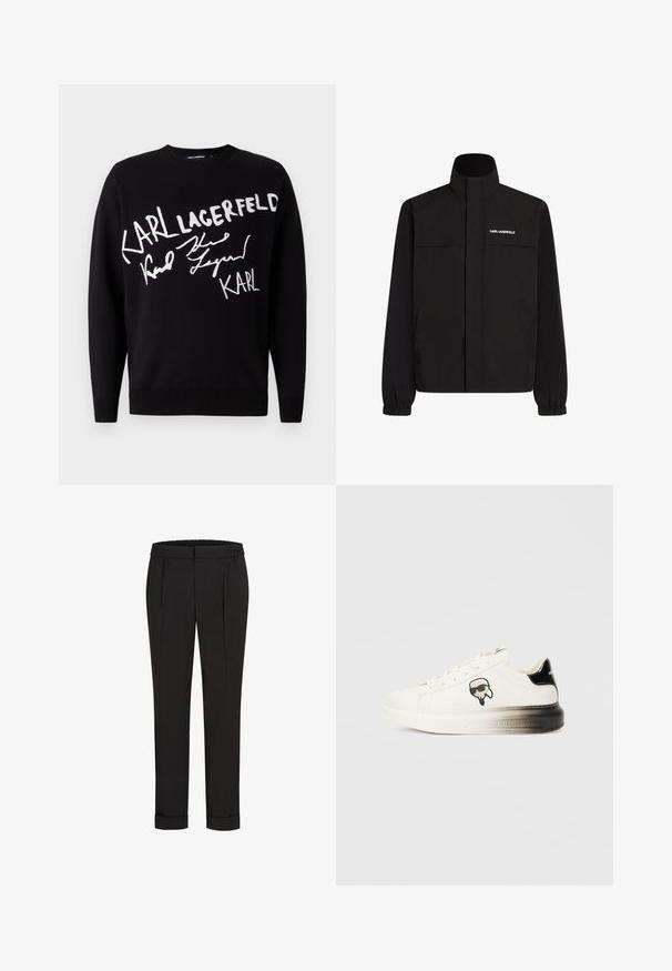 Fekete dzseki magas gallérral, elasztikus mandzsettákkal és két elülső zsebbel. Fehér logó található a bal felső oldalon. Simább, vízálló anyag.; Fekete pulóver, amelyen fehér hímzett szöveg látható: "KARL LAGERFELD" és egy aláírásos dizájn. Egyszerű kerek nyakkivágás és hosszú ujjak.; Fekete nadrág, elasztikus derékpánttal, egyenes szárú kivitelben és felhajtott szárakkal. Simább, szőtt anyagból készült, minták nélkül.; Fehér sneaker sima bőr felsőrésszel, fekete kiegészítőkkel a sarokrészen és egy rajzfilm logóval. Vastag, enyhén áttetsző talppal rendelkezik.
