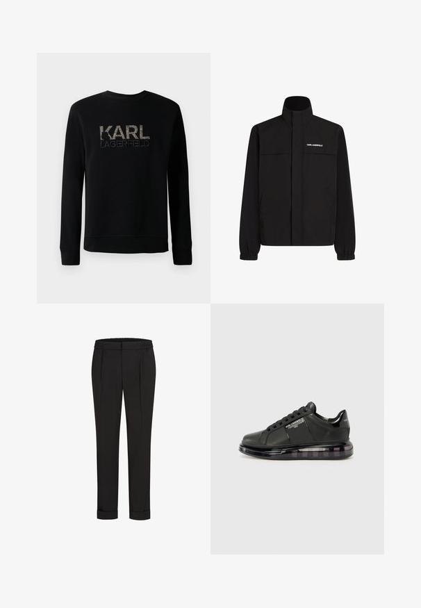 Čierna bunda s vysokým golierom, elastickými manžetami a dvoma prednými vreckami. Na hornej ľavej strane sa nachádza logo v bielej farbe. Hladká, vodeodolná tkanina.; Čierna mikina s dlhým rukávom a textúrovaným vyšitým logom "KARL LAGERFELD" na hrudi, s jednoduchým okrúhlym výstrihom.; Čierne nohavice s elastickým pásom, s rovnými nohavicami a prehnutými manžetami. Vyrobené z hladkej tkaniny bez vzorov.; Čierne tenisky s hladkým koženým vrchom, zaoblenou špičkou a dizajnom na šnurovanie. Sú vybavené priehľadnou, polstrovanou podrážkou s tmavým gradientom.