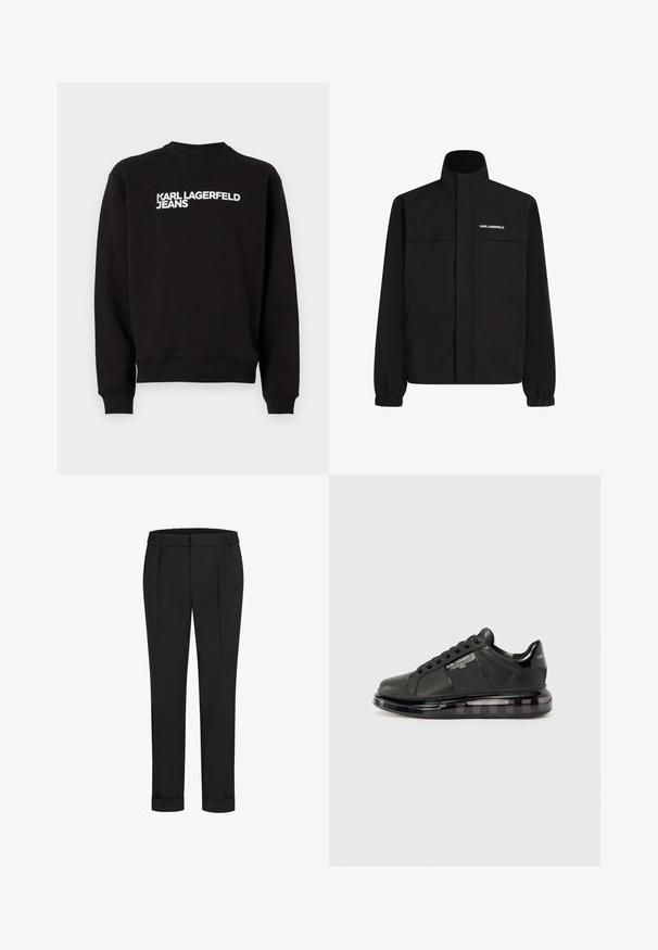 Melna jaka ar augstu apkakli, elastīgām aprocēm un divām priekšējām kabatām. Ieprintēts logo augšējā kreisajā pusē baltā krāsā. Gluda, ūdensizturīga auduma.; Melna džemperis ar apaļu kakla izgriezumu un ribotām piedurknēm. Priekšā ir balti uzraksti "KARL LAGERFELD JEANS". Mīksts materiāls.; Melni bikses ar elastīgu jostu, ar taisna piegriezuma dizainu un sarullētām piedurknēm. Izgatavotas no gluda, auduma bez rakstiem.; Melnas sporta kurpes ar gludu ādas virsu, noapaļotu purngalu un saistīšanas dizainu. Iezīmē skaidru, mīkstu zoli ar tumšu gradientu.