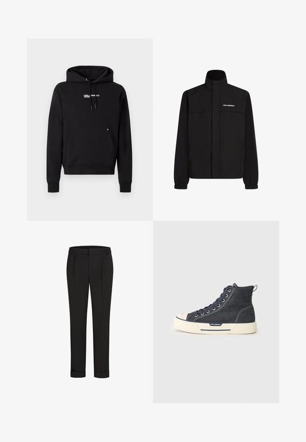 Jachetă neagră cu guler înalt, manșete elastice și două buzunare frontale. Prezintă un logo pe partea stângă sus, de culoare albă. Material neted, rezistent la apă.; Hanorac negru cu buzunar kenguru, glugă cu șnur și text alb contrastant „KARL LAGERFELD JEANS” pe piept. Material din bumbac moale.; Pantaloni negri cu talie elastică, având un design cu picioare drepte și manșete suflecate. Realizați dintr-un material neted, țesut, fără modele.; Tenisi înalți din denim închis, cu o talpă din cauciuc crem, având șireturi bleumarin și un cârlig pe spate. Logo pe lateral.