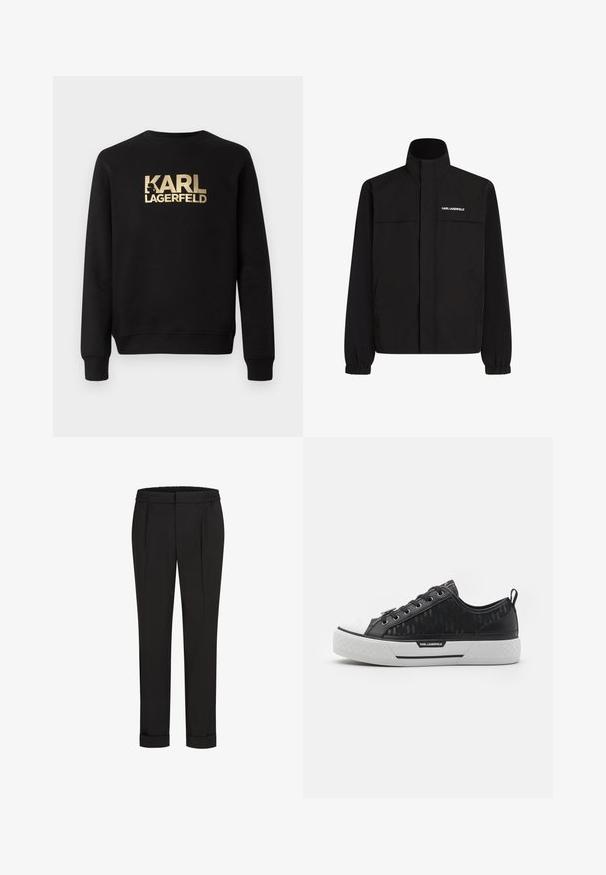 Svart jacka med hög krage, elastiska muddar och två framfickor. Har logotyp på övre vänstra sidan i vitt. Slät, vattenavvisande tyg.; Svart sweatshirt med rund halsringning och långa ärmar. Har en framträdande guldfärgad logotext "KARL LAGERFELD" på framsidan. Slät textur.; Svarta byxor med elastisk midja, med en rak bendesign och uppvikta fållar. Tillverkade av glatta, vävda tyger utan mönster.; Svart låg sneaker med mönstrad kanvasöverdel, vit gummikappa, texturerad sula och logotypdetalj på sidan. Metallöglor för snörning.