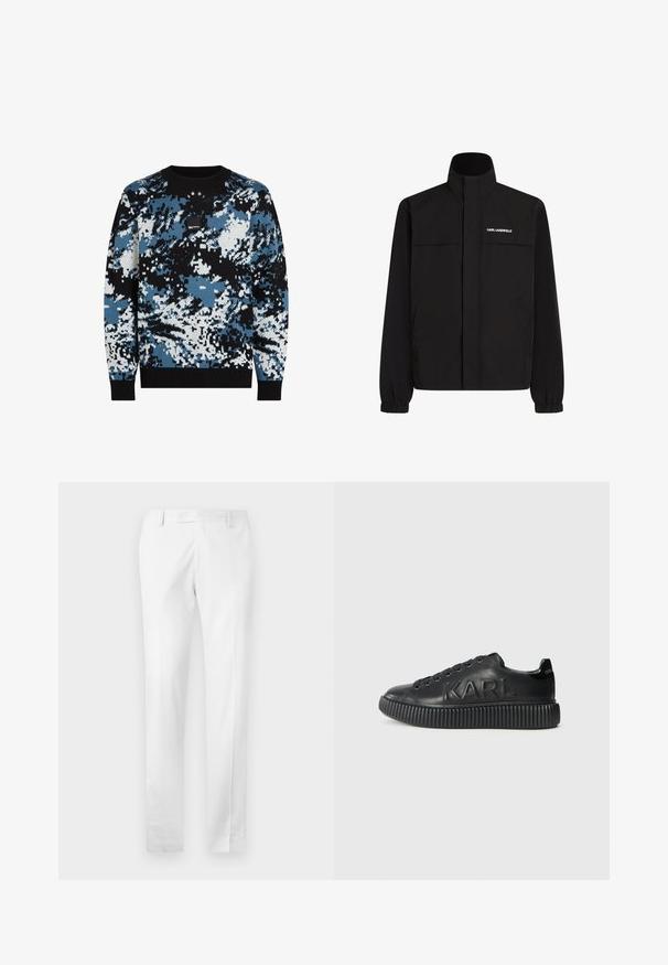 Zwarte jas met hoge kraag, elastische manchetten en twee voorzakken. Kenmerkt een logo op de bovenste linkerzijde in het wit. Glad, waterafstotend materiaal.; Gebreide trui met een zwart, blauw en wit camouflagepatroon, ribbelboord aan de hals en mouwen, en een klein logo-opdruk op de borst.; Witte op maat gemaakte broeken van soepel stof, met een vlakke voorkant, zijzakken en een rechte pijpdesign.; Zwarte sneaker van glad leer, met een dikke ribbelzool en het merknaam in reliëf. Klassiek vetersluiting ontwerp met ronde oogjes.