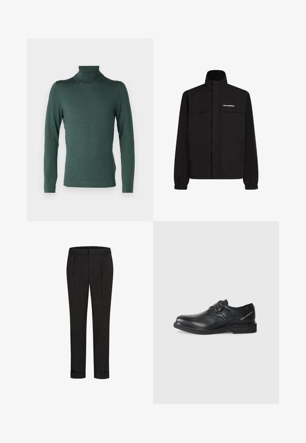 Jachetă neagră cu guler înalt, manșete elastice și două buzunare frontale. Prezintă un logo pe partea stângă sus, de culoare albă. Material neted, rezistent la apă.; DRYKORN JOEY - Pulover - green; Pantaloni negri cu talie elastică, având un design cu picioare drepte și manșete suflecate. Realizați dintr-un material neted, țesut, fără modele.; Pantof de piele neagră cu vârful rotund, detaliu cu o cataramă și talpă plată din cauciuc. Prezintă branding pe lateral, aproape de călcâi.