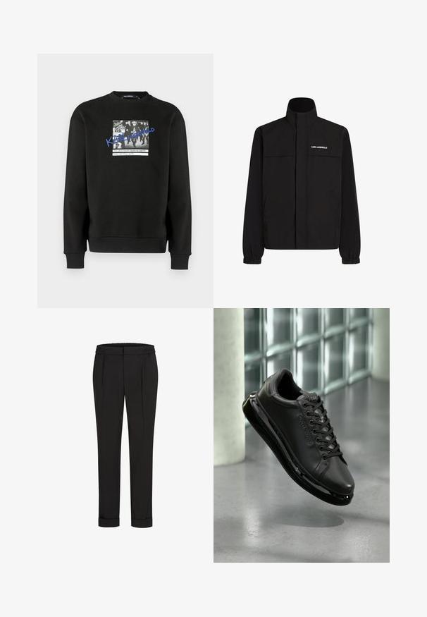 Zwarte jas met hoge kraag, elastische manchetten en twee voorzakken. Kenmerkt een logo op de bovenste linkerzijde in het wit. Glad, waterafstotend materiaal.; Zwarte sweatshirt van zachte stof, met een voorkant bedrukt met een zwart-witte foto en blauwe tekst. Geribde boorden aan de mouwen en onderkant.; Zwarte broek met een elastische tailleband, met een rechtvallend ontwerp en opgerolde manchetten. Gemaakt van glad, geweven stof zonder patronen.; Zwarte leren sneaker met vetersluitingen, voorzien van een comfortabele zool en reflecterende accenten. De schoen zweeft boven een glad oppervlak.
