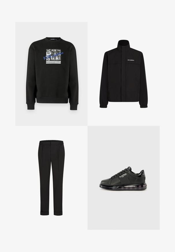 Czarna kurtka z wysokim kołnierzem, elastycznymi mankietami i dwiema przednimi kieszeniami. Posiada logo na górnej lewej stronie w białym kolorze. Gładki, wodoodporny materiał.; Czarna bluza wykonana z miękkiego materiału, z przodem ozdobionym czarno-białym zdjęciem i niebieskim napisem. Ściągacze na mankietach i u dołu bluzy.; Czarne spodnie z elastycznym pasem, charakteryzujące się prostym krojem nogawki i podwiniętymi mankietami. Wykonane z gładkiej, tkanej tkaniny bez wzorów.; Czarne sneakersy z gładkiej skórzanej cholewki, zaokrąglonym noskiem i sznurowanym designem. Posiadają przezroczystą, amortyzującą podeszwę z ciemnym gradientem.