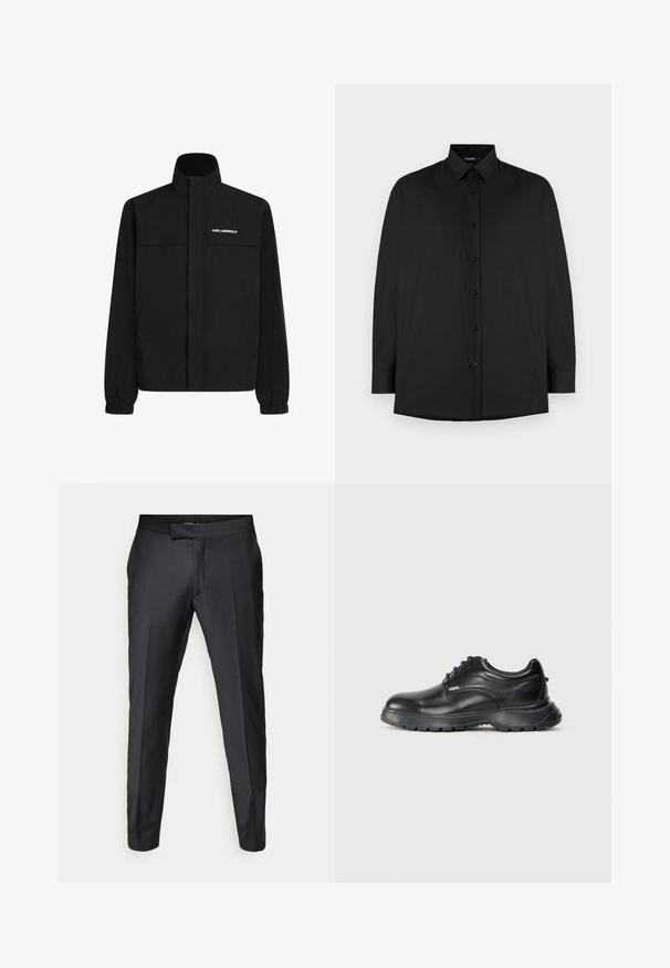 Czarna kurtka z wysokim kołnierzem, elastycznymi mankietami i dwiema przednimi kieszeniami. Posiada logo na górnej lewej stronie w białym kolorze. Gładki, wodoodporny materiał.; Czarna, długa koszula z długim rękawem, wykonana z gładkiego materiału. Posiada klasyczny kołnierzyk i zapięcie na guziki z przodu. Luźny krój z zaokrąglonym dołem.; KARL LAGERFELD CLYDE czarny; Czarne skórzane buty z zaokrąglonym noskiem, sznurowanym fasonem i teksturowaną gumową podeszwą. Posiadają logo "KARL" z boku. Gładkie wykończenie.