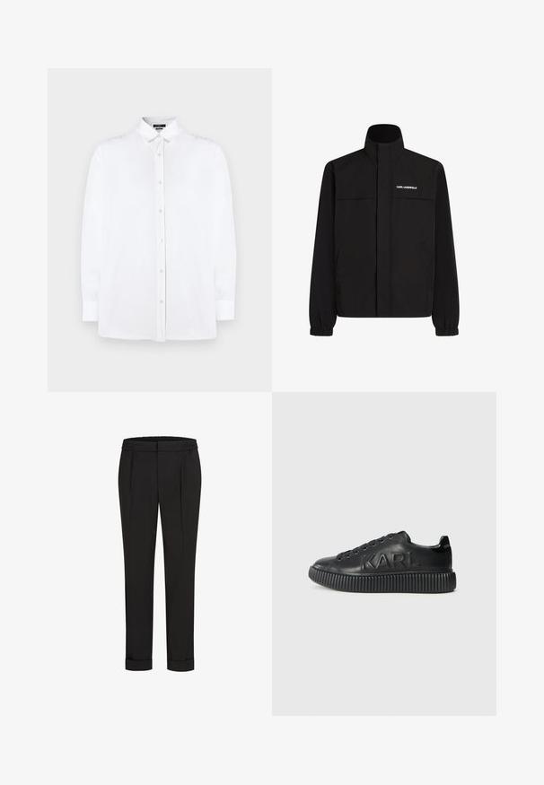 Mustan värvi jakk, millel on kõrge krae, elastsed mansetid ja kaks esikot. Ümber vasaku ülemise külje on valge logo. Sile, veekindel kangas.; Valge pika varrukaga nööpide ees särk klassikalise kraega, sirge lõike ja peene tekstuuriga, esiosal pärlmahnuritega.; Mustad püksid elastse vöökohtaga, sirge jala kujundusega ja üles keeratud äärtega. Valmistatud siledast, kudumisega kangast, ilma mustriteta.; Mustad must sneaker, mille pehme nahaga, paksu sooniku põhja ja reljeefse kaubamärgiga. Klassikaline paelaga sulgemisdisain ümmarguste silmadega.