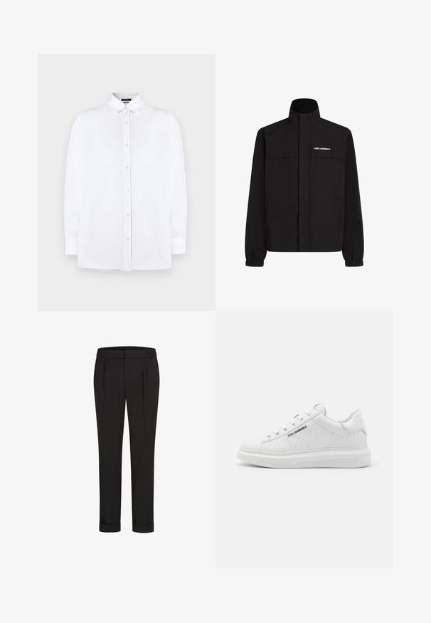Črna jakna z visokim ovratnikom, elastičnimi rokavi in dvema sprednjima žepoma. Na zgornji levi strani je bel logotip. Gladka, vodoodporna tkanina.; Bela srajca z dolgimi rokavi na gumbe s klasičnim ovratnikom, ravne kroj in subtilno teksturo, spredaj z bisernimi gumbi.; Črne hlače z elastičnim pasom, s pravimi nogavicami in zavihanimi manšetami. Narejene so iz gladkega, tkanega materiala brez vzorcev.; Bela športna obutev iz gladke usnjene površine z embosiranim vzorcem. Ima okroglo konico, vezanje spredaj in teksturiran podplat. Srebrni logotip na strani.