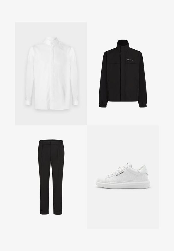Čierna bunda s vysokým golierom, elastickými manžetami a dvoma prednými vreckami. Na hornej ľavej strane sa nachádza logo v bielej farbe. Hladká, vodeodolná tkanina.; Biela košeľa s dlhým rukávom vyrobená z hladkej bavlny, s výstrihom stojáčikom, predným zapínaním na gombíky a gombíkovými manžetami. Ploché štruktúra, bez vzorov.; Čierne nohavice s elastickým pásom, s rovnými nohavicami a prehnutými manžetami. Vyrobené z hladkej tkaniny bez vzorov.; Biele tenisky vyrobené z hladkej kože s embosovaným vzorom. Majú okrúhlu špičku, šnurovanie v prednej časti a textúrovanú podrážku. Strieborný detail loga na boku.