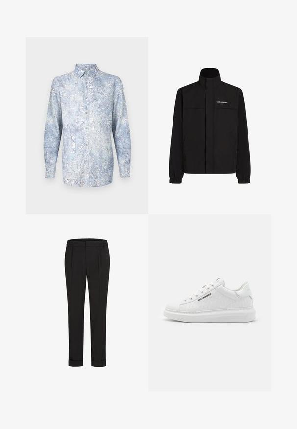 Mustan värvi jakk, millel on kõrge krae, elastsed mansetid ja kaks esikot. Ümber vasaku ülemise külje on valge logo. Sile, veekindel kangas.; Hele sinine nööpidega särk, millel on lillmustrid, pikad varrukad ja klassikaline krae. Valmistatud pehmest materjalist, millel on sile tekstuur.; Mustad püksid elastse vöökohtaga, sirge jala kujundusega ja üles keeratud äärtega. Valmistatud siledast, kudumisega kangast, ilma mustriteta.; Valged sneakerid, mis on valmistatud siledast nahast ja millel on reljeefne muster. Omab ümmargust varvasekambrit, nööpide ja paeltega esiosa ning tekstuurset tallaosa. Külje peal on hõbedane logo detail.