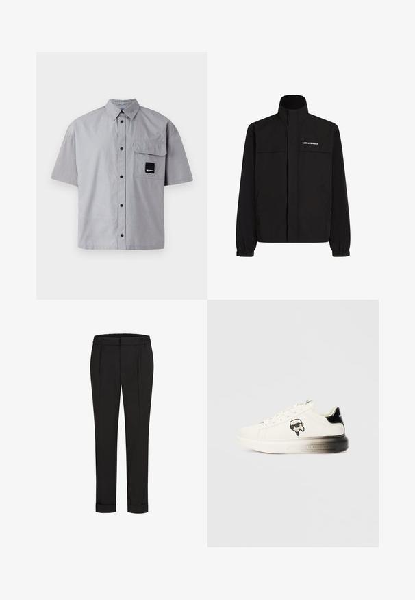 Juodas švarkas su aukštu apykakle, elastingais rankogaliais ir dviem priekinėmis kišenėmis. Viršutinėje kairėje pusėje yra baltas logotipas. Lygus, vandeniui atsparus audinys.; Karl Lagerfeld Jeans BOXY SHIRT - Marškiniai - monument; Juodi kelnių su elastinga juosmena, tiesaus kirpimo ir sukurtomis rankovėmis. Pagaminti iš lygaus, audinio be raštų.; Baltos sportbačiai su lygiu odiniu paviršiumi, juodais akcentais ant kulno ir komiksų logotipu. Yra storas, šiek tiek permatomas padas.