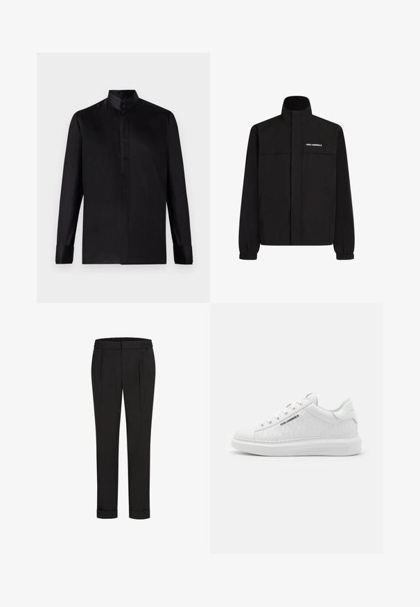 Juodas švarkas su aukštu apykakle, elastingais rankogaliais ir dviem priekinėmis kišenėmis. Viršutinėje kairėje pusėje yra baltas logotipas. Lygus, vandeniui atsparus audinys.; Juodas ilgomis rankovėmis marškinėlis su pakeltu apykakle, pagamintas iš lygaus audinio, su mygtukais prie rankovių ir švaria, minimaliu dizainu.; Juodi kelnių su elastinga juosmena, tiesaus kirpimo ir sukurtomis rankovėmis. Pagaminti iš lygaus, audinio be raštų.; Balti sportiniai bateliai, pagaminti iš lygaus odos su įspaustu raštu. Turintys apvalų kojų pirštą, raištelys priekyje ir tekstūruotas padas. Sidabro spalvos logotipas šone.