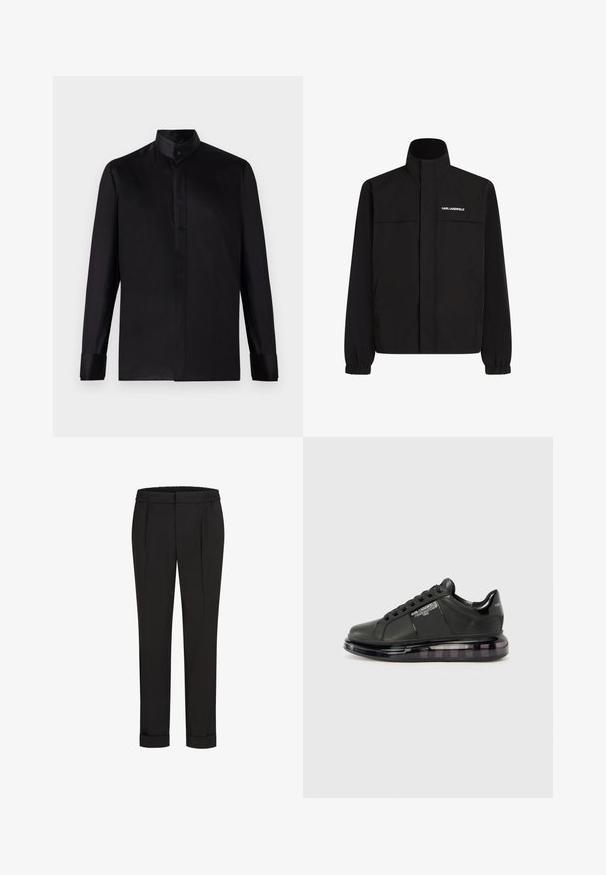 Černá bunda s vysokým límcem, elastickými manžetami a dvěma předními kapsami. Na levé horní straně se nachází bílé logo. Hladká, voděodolná tkanina.; Černá košile s dlouhým rukávem z hladké látky, s vysokým límcem, zapínáním na knoflíky a manžetami na jeden knoflík. Minimalistický design bez vzorů.; Černé kalhoty s elastickým pasem, s rovnými nohavicemi a ohrnutými lemy. Vyrobené z hladké tkaniny bez vzorů.; Černé tenisky s hladkým koženým svrškem, zaoblenou špičkou a šněrovacím designem. Mají průhlednou, polstrovanou podrážku s tmavým přechodem.