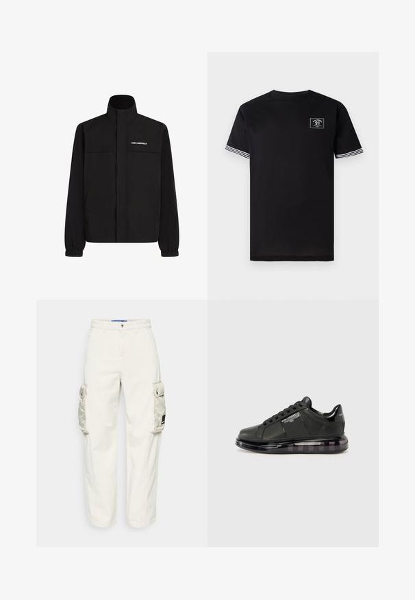 Mustan värvi jakk, millel on kõrge krae, elastsed mansetid ja kaks esikot. Ümber vasaku ülemise külje on valge logo. Sile, veekindel kangas.; Must värvi puuvillane T-särk ümmarguse kaelusega, lühikeste varrukatega ja valgete triipudega aktsentidega. Rinnas on ruudukujuline logotäht.; Heledad püksid heledast beežist puuvillase puuvillase segust, külgsete taskute, lõdva istuvuse ja elastsete varrukatega pahkluudel. Lihtne nööbikinnitus.; Must mustad musta nahast ülemise osaga, ümarate varvaste ja paeltega disainiga. Omab läbipaistvat, pehmendatud tallat, millel on tume gradient.