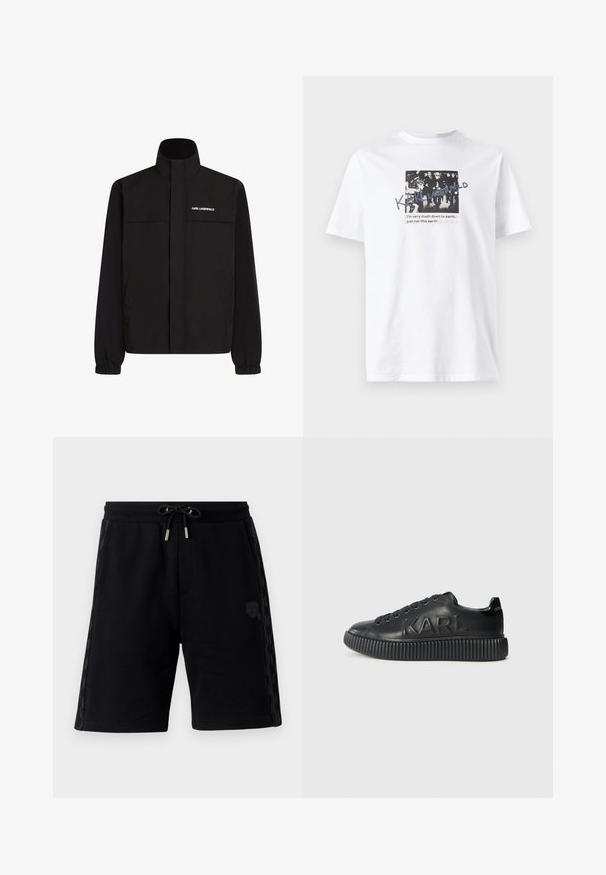 Svart jacka med hög krage, elastiska muddar och två framfickor. Har logotyp på övre vänstra sidan i vitt. Slät, vattenavvisande tyg.; Vit bomullströja med svartvitt grafiskt mönster och text. Korta ärmar och rundad hals.; Svarta svettshorts med dragsko i midjan, sidofickor, texturerade sidopaneler och en liten logodetalj. Tillverkade av mjukt tyg.; Svart sneaker i slät läder, med en tjock ribbad sula och präglat varumärke. Klassisk snörningsdesign med runda öglor.
