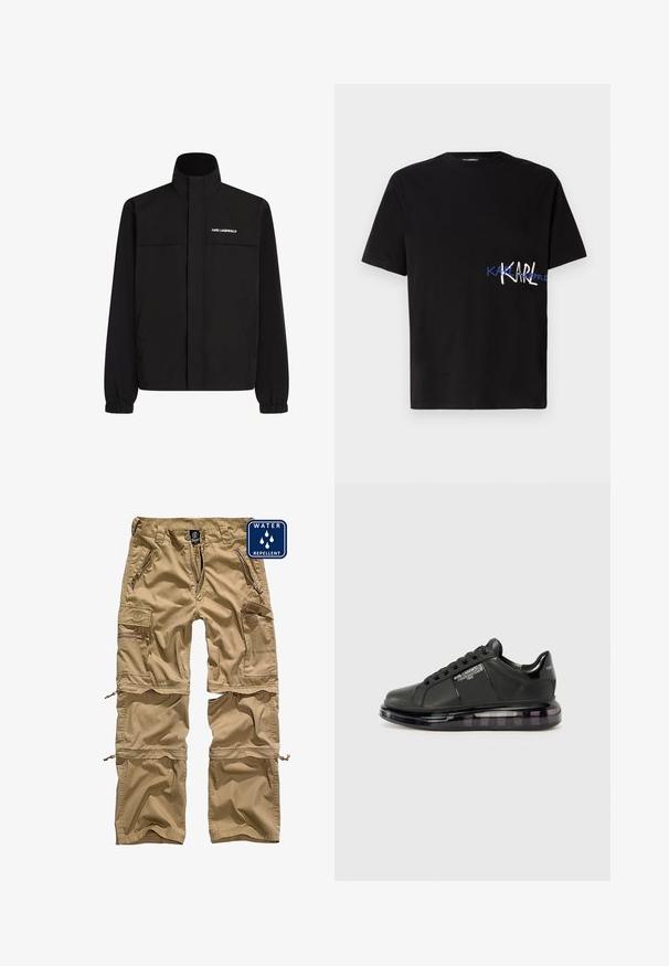 Černá bunda s vysokým límcem, elastickými manžetami a dvěma předními kapsami. Na levé horní straně se nachází bílé logo. Hladká, voděodolná tkanina.; Černé bavlněné tričko s krátkým rukávem, které má na levé straně grafický design s nápisem "KARL" v bílé a modré barvě. Styl s kulatým výstřihem.; Khaki cargo kalhoty vyrobené z voděodolného materiálu. Mají několik kapsiček na zip a odnímatelné spodní nohy pro univerzálnost.; Černé tenisky s hladkým koženým svrškem, zaoblenou špičkou a šněrovacím designem. Mají průhlednou, polstrovanou podrážku s tmavým přechodem.