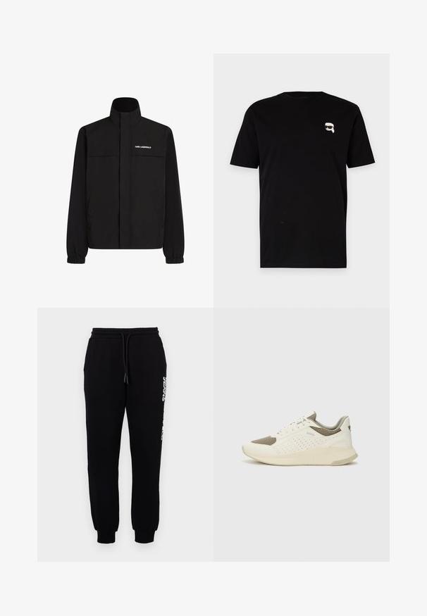 Fekete dzseki magas gallérral, elasztikus mandzsettákkal és két elülső zsebbel. Fehér logó található a bal felső oldalon. Simább, vízálló anyag.; Fekete pamut póló, rövid ujjú, bal mellen egy kis fehér grafikával, amelyen egy szemüveges karakter látható. Klasszikus kerek nyakú dizájn.; Fekete, puha anyagból készült melegítőnadrág, rugalmas derékkal, megkötős zsinórral, szűkített lábakkal és logóval az oldalon.; Fehér és világos bézs sportcipő, légies hálós felsőrésszel, perforált részletekkel és texturált középtalppal, amelyen a saroknál a márka logója található.