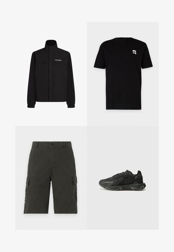 Schwarze Jacke mit hohem Kragen, elastischen Bündchen und zwei Fronttaschen. Mit Logo auf der oberen linken Seite in Weiß. Glattes, wasserabweisendes Material.; Schwarzes Baumwoll-T-Shirt mit kurzen Ärmeln, das auf der linken Brust ein kleines weißes Grafik eines Charakters mit Brille zeigt. Klassisches Rundhals-Design.; Dunkelgrüne Cargo-Shorts aus leichtem Stoff, mit zwei Seitentaschen und einem Knopfverschluss an der Taille.; Schwarze Sneaker mit einer wellenförmigen Textur und grauen Akzenten. Sie besitzen ein Schnürdesign und eine klobige, skulptierte Sohle. Die Markenkennzeichnung ist an der Seite sichtbar.