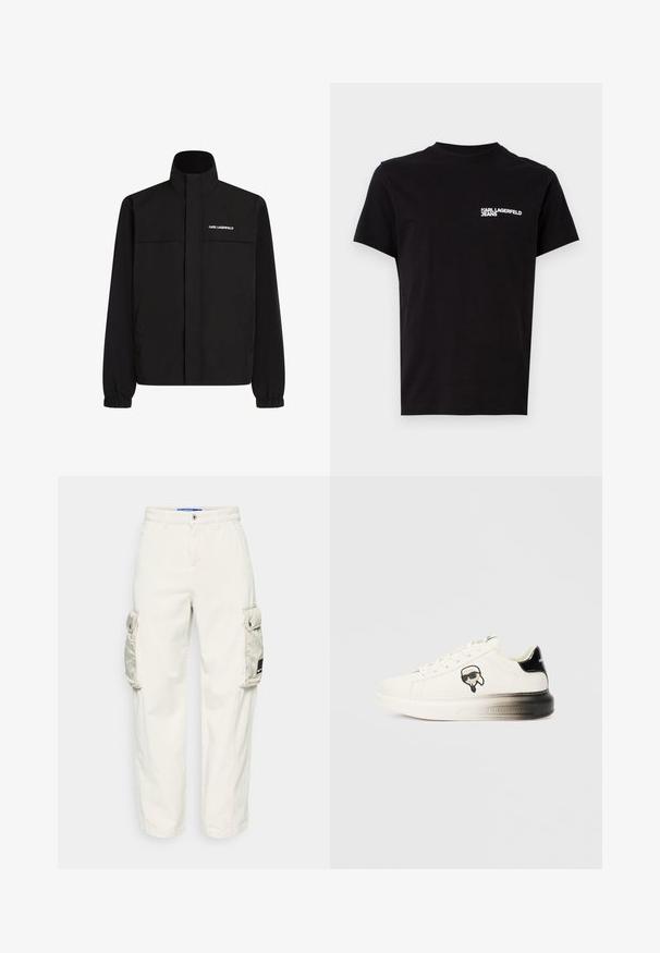 Čierna bunda s vysokým golierom, elastickými manžetami a dvoma prednými vreckami. Na hornej ľavej strane sa nachádza logo v bielej farbe. Hladká, vodeodolná tkanina.; Čierne tričko vyrobené z bavlny, s okrúhlym výstrihom a krátkymi rukávmi. Na ľavej strane hrudníka je výrazný biely text loga. Jednoduchý dizajn.; Cargo nohavice v svetlo béžovej bavlnenej zmesi, s bočnými vreckami, uvoľneným strihom a elastickými manžetami na členkoch. Jednoduché zapínanie na gombík.; Biele tenisky s hladkým koženým zvrškom, čiernymi akcentmi na päte a karikatúrovým logom. Majú hrubú, mierne priehľadnú podrážku.