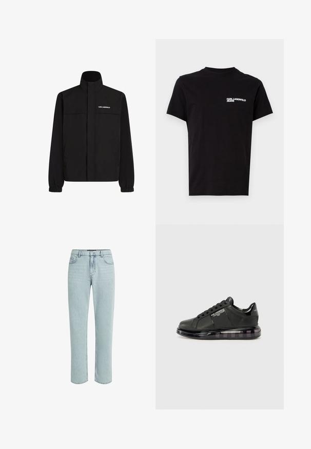 Juodas švarkas su aukštu apykakle, elastingais rankogaliais ir dviem priekinėmis kišenėmis. Viršutinėje kairėje pusėje yra baltas logotipas. Lygus, vandeniui atsparus audinys.; Juodas medvilninis marškinėlis su apvalia iškirpte ir trumpomis rankovėmis. Išskirtinė balta logotipo tekstas kairėje krūtinės pusėje. Paprastas dizainas.; KARL LAGERFELD DISNEY STRAIGHT-FIT - Tiesaus kirpimo džinsai - light blue denim; Juodi sportiniai bateliai su lygiu odiniu apdailu, suapvalintu nosiu ir raištelių dizainu. Ypatybės apima skaidrų, paminkštintą pado su tamsiu gradientu.