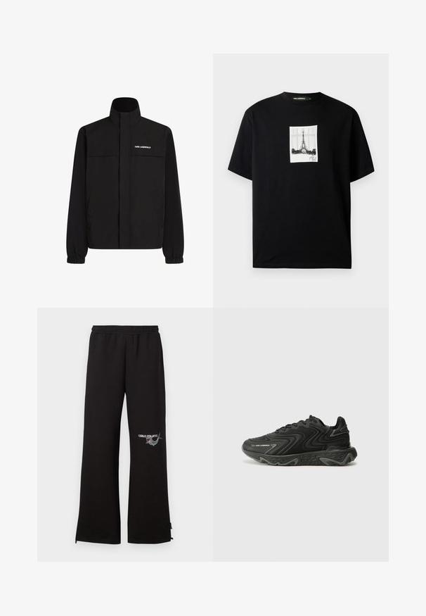 Schwarze Jacke mit hohem Kragen, elastischen Bündchen und zwei Fronttaschen. Mit Logo auf der oberen linken Seite in Weiß. Glattes, wasserabweisendes Material.; Schwarzes T-Shirt mit kurzen Ärmeln und einem zentrierten weißen rechteckigen Druck des Eiffelturms sowie einer Unterschrift darunter.; Schwarze Jogginghose mit elastischem Bund, die ein besticktes Logo und grafische Details am linken Bein aufweist. Gerade geschnitten mit Reißverschlüssen an den Säumen.; Schwarze Sneaker mit einer wellenförmigen Textur und grauen Akzenten. Sie besitzen ein Schnürdesign und eine klobige, skulptierte Sohle. Die Markenkennzeichnung ist an der Seite sichtbar.