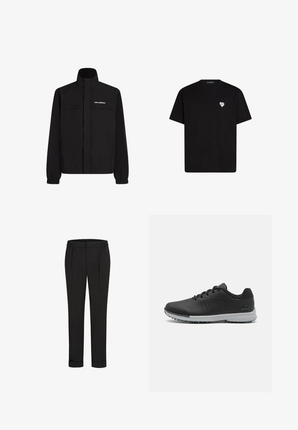 Sort jakke med høj krave, elastiske manchetter og to frontlommer. Har logo på øverste venstre side i hvid. Glat, vandafvisende stof.; Sort bomulds T-shirt med korte ærmer, rund halsudskæring og et lille hvidt hjertegrafik på venstre brystområde.; Sorte bukser med elastisk talje, der har et lige ben-design og opkrøllede cuffs. Lavet af glat, vævet stof uden mønstre.; Sorte syntetiske golfsko med en struktureret overdel, snørebåndsdesign og en grå ydersål med pigge for godt greb.