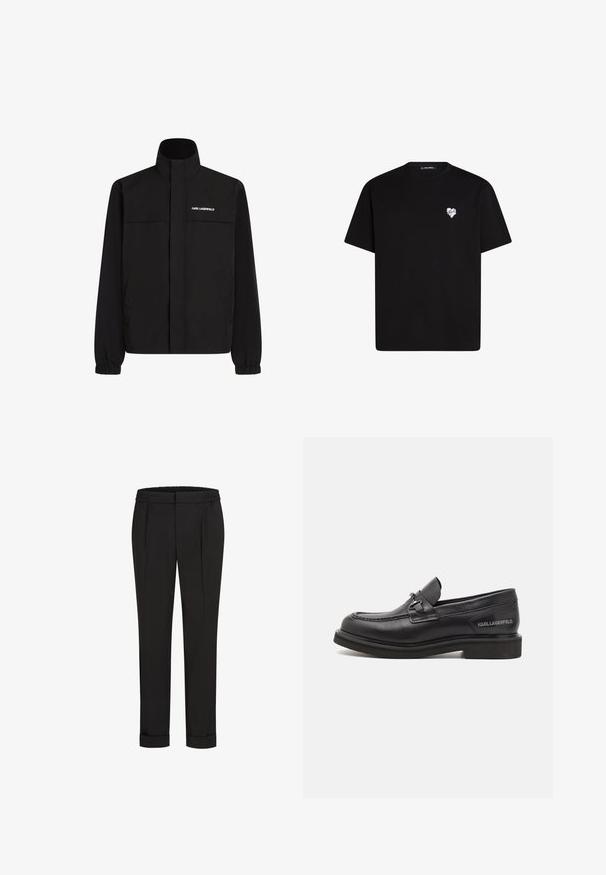 Černá bunda s vysokým límcem, elastickými manžetami a dvěma předními kapsami. Na levé horní straně se nachází bílé logo. Hladká, voděodolná tkanina.; Černé bavlněné tričko s krátkým rukávem, kulatým výstřihem a malou bílou srdíčkovou grafikou na levé hrudi.; Černé kalhoty s elastickým pasem, s rovnými nohavicemi a ohrnutými lemy. Vyrobené z hladké tkaniny bez vzorů.; Černé kožené mokasíny s kulatou špičkou, opaskem a stříbrným kováním. Mají texturovaný svršek a detail loga na patě.