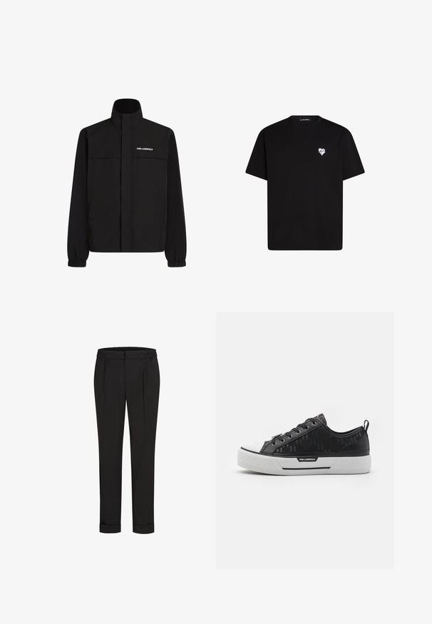 Veste noire avec col montant, poignets élastiques et deux poches à l'avant. Présente un logo blanc en haut à gauche. Tissu lisse et résistant à l'eau.; T-shirt en coton noir à manches courtes, col rond, avec un petit graphique de cœur blanc sur la zone de la poitrine gauche.; Pantalon noir avec une ceinture élastique, présentant une coupe droite et des ourlets retroussés. Fabriqué en tissu tissé lisse sans motifs.; Baskets basses noires avec tige en toile à motifs, embout en caoutchouc blanc, semelle texturée et accent logo sur le côté. Œillets en métal pour les lacets.
