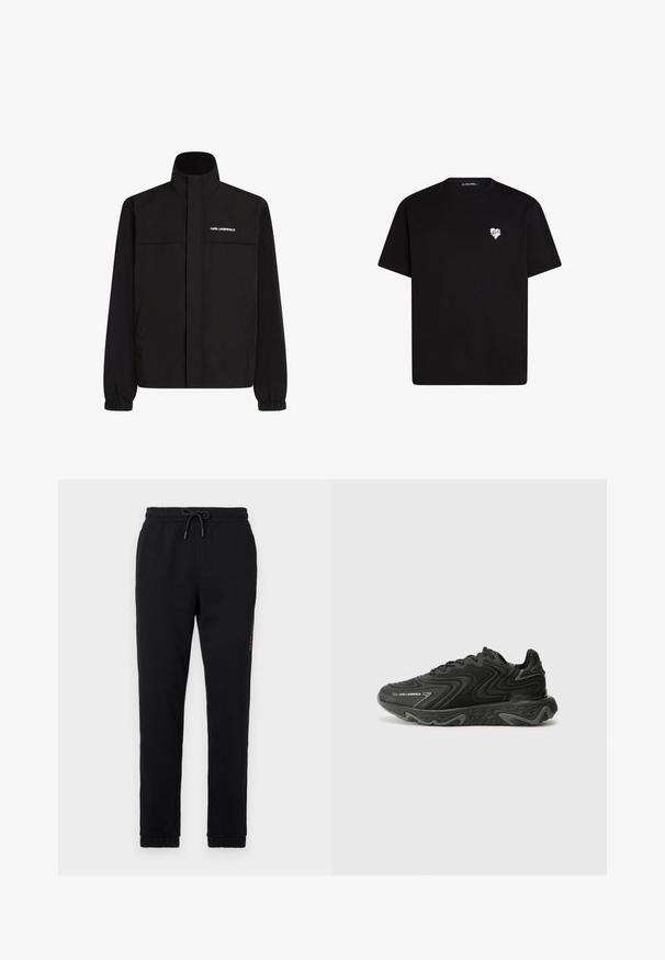 Melna jaka ar augstu apkakli, elastīgām aprocēm un divām priekšējām kabatām. Ieprintēts logo augšējā kreisajā pusē baltā krāsā. Gluda, ūdensizturīga auduma.; Melna kokvilnas t-krekls ar īsām piedurknēm, apaļu kakla izgriezumu un nelielu baltu sirds grafiku kreisajā krūšu daļā.; Melni kokvilnas svārki ar elastīgu jostu un regulējamu auklu; ar sānu kabatām un sašaurinātiem potīšu galiem.; Melni sporta apavi ar viļņveida tekstūru un pelēkiem akcentiem. Iezīmējas ar auklu aizdari un masīvu, skulpturālu zoli. Zīmols ir redzams sānos.