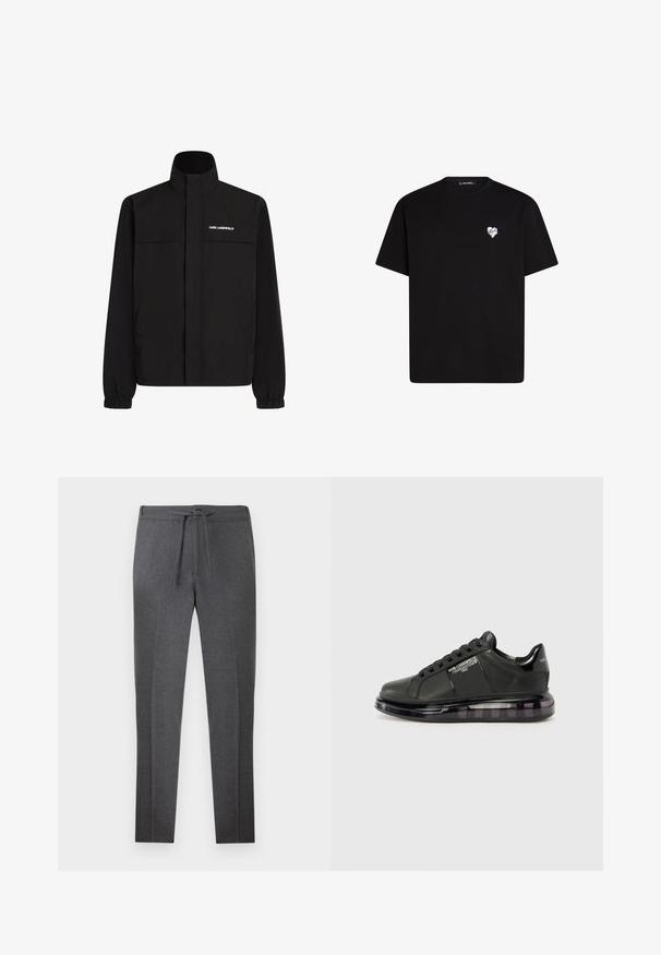 Črna jakna z visokim ovratnikom, elastičnimi rokavi in dvema sprednjima žepoma. Na zgornji levi strani je bel logotip. Gladka, vodoodporna tkanina.; Črna bombažna majica s kratkimi rokavi, okroglo izreza in majhnim belim srčkom natisnjenim na levem prsnem delu.; Temno sivi tapered hlače z elastičnim pasom in vrvico, z nežnimi pregibi na sprednji strani.; Črne snežne čevlje z gladkim usnjenim zgornjim delom, zaobljenim toeom in vezalnim dizajnom. Imajo prozoren, oblazinjen podplat z temnim gradijentom.