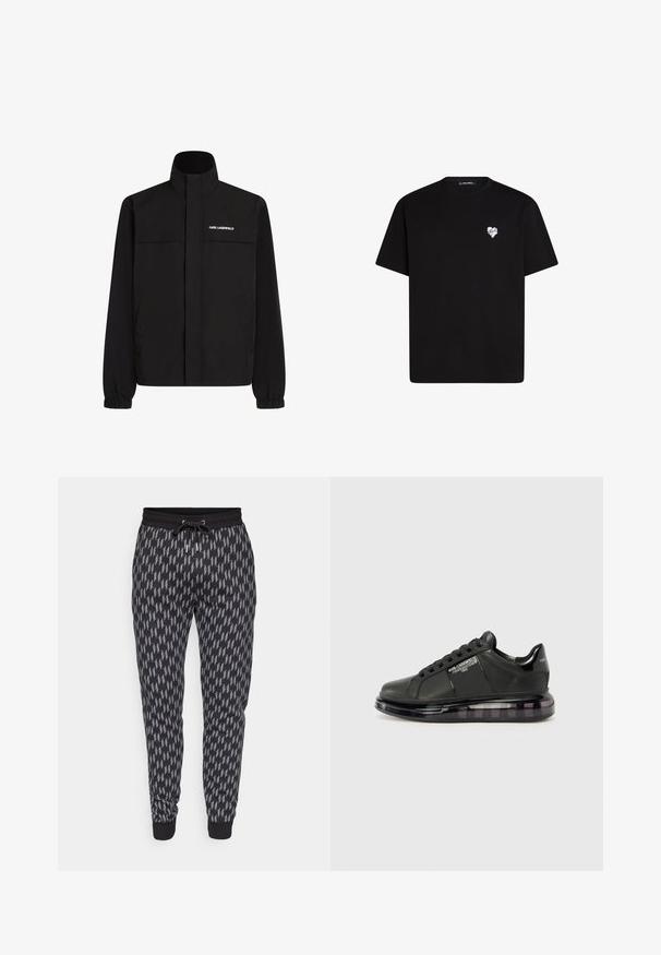 Juodas švarkas su aukštu apykakle, elastingais rankogaliais ir dviem priekinėmis kišenėmis. Viršutinėje kairėje pusėje yra baltas logotipas. Lygus, vandeniui atsparus audinys.; Juodas medvilninis marškinėliai su trumpomis rankovėmis, apvaliu iškirpimu ir mažos baltos širdelės grafika kairėje krūtinės pusėje.; Juodos sportinės kelnės su geometriniu žaibo raštu pilka spalva. Su raišteliu juosmeniui ir užapvalintais rankogaliais, kad būtų patogiai prigludę. Pagamintos iš minkštos medžiagos.; Juodi sportiniai bateliai su lygiu odiniu apdailu, suapvalintu nosiu ir raištelių dizainu. Ypatybės apima skaidrų, paminkštintą pado su tamsiu gradientu.