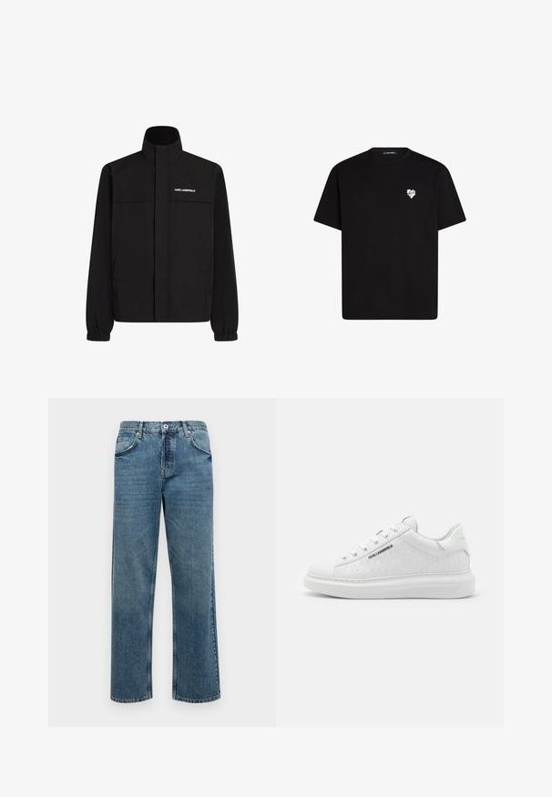 Melna jaka ar augstu apkakli, elastīgām aprocēm un divām priekšējām kabatām. Ieprintēts logo augšējā kreisajā pusē baltā krāsā. Gluda, ūdensizturīga auduma.; Melna kokvilnas t-krekls ar īsām piedurknēm, apaļu kakla izgriezumu un nelielu baltu sirds grafiku kreisajā krūšu daļā.; Zili džinsi ar taisnu piegriezumu, piedāvā piecas kabatas, pogu un rāvējslēdzēja aizdari, kā arī redzamus šuvju ornamentus.; Balti sporta apavi, kas izgatavoti no gludas ādas ar reljefotu rakstu. Iemaukti apaļā purngalā, ar auklām un teksturētu zoli. Sudraba logo detaļa sānos.