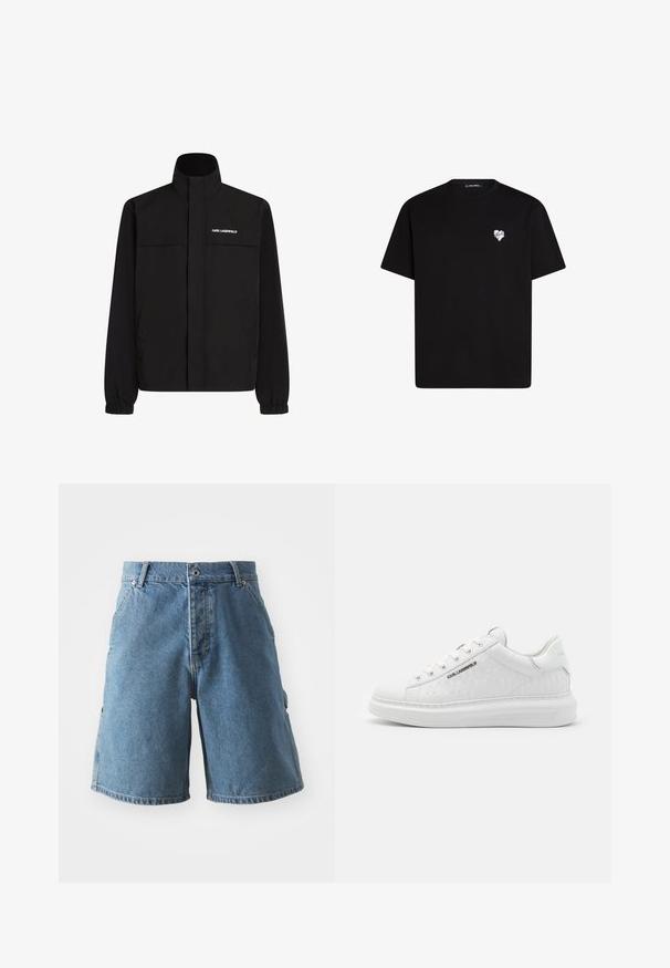 Musta takki, jossa on korkea kaulus, joustavat hihat ja kaksi etutaskua. Vasemmassa yläkulmassa valkoinen logo. Sileä, vedenkestävä kangas.; Musta puuvillapaita lyhyillä hihoilla, pyöreä pääntie ja pieni valkoinen sydänkuvio vasemmassa rinnassa.; Vaaleansiniset farkkushortsit. Ominaisuuksiin kuuluu klassinen viisipocket-malli, napitus ja suora leikkaus. Kangas näyttää pehmeältä ja siinä on pieni kulutus.; Valkeat lenkkarit, jotka on valmistettu sileästä nahasta ja joissa on kohokuvioitu kuvio. Ominaisuuksiin kuuluu pyöreä kärki, nauhakiinnitys ja teksturoitu pohja. Hopeinen logo yksityiskohta sivussa.