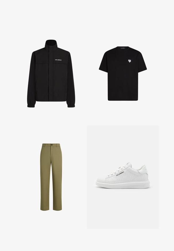 Čierna bunda s vysokým golierom, elastickými manžetami a dvoma prednými vreckami. Na hornej ľavej strane sa nachádza logo v bielej farbe. Hladká, vodeodolná tkanina.; Čierne bavlnené tričko s krátkymi rukávmi, okrúhlym výstrihom a malou bielou srdiečkovou grafikou na ľavej hrudi.; Olivové nohavice z hladkej látky, so rovnými nohavicami, jedným gombíkom na zapínanie a jemnou textúrou.; Biele tenisky vyrobené z hladkej kože s embosovaným vzorom. Majú okrúhlu špičku, šnurovanie v prednej časti a textúrovanú podrážku. Strieborný detail loga na boku.